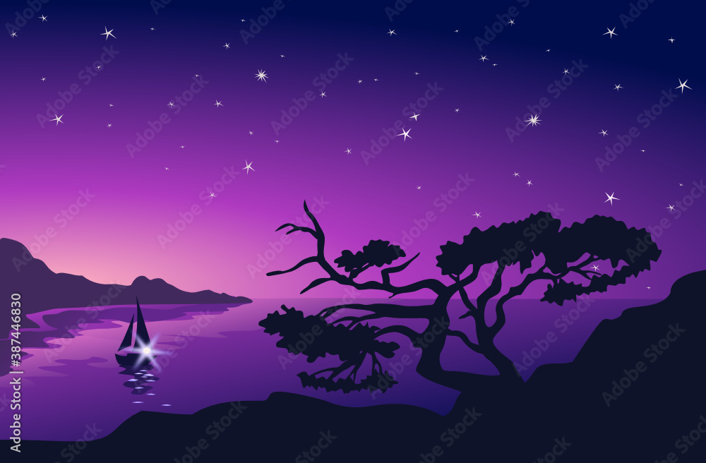 Sea landscape with tree silhouette
at the end of sunset
