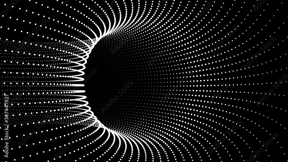 Fototapeta premium Futuristic black funnel. Particles space travel tunnel. Abstract wormhole with surface warp. Vector illustration.