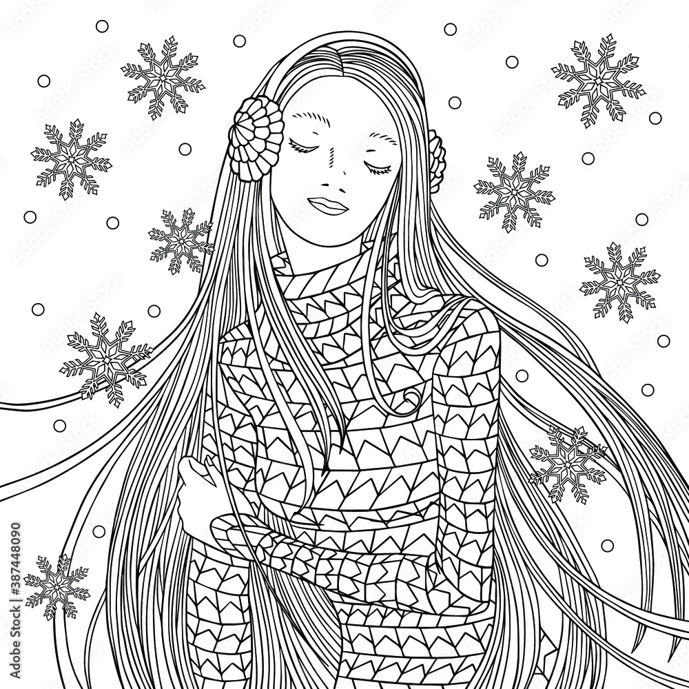 Christmas girl coloring page. Woman with long hair in knitted sweater ...