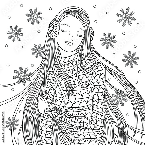 Christmas girl coloring page. Woman with long hair in knitted sweater with headphones. Vector ouline hand drawn illustration with doodle.
