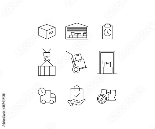 Delivery, fulfilment icon set. Trolly, warehouse, on-time, accepted, boxes, minimal vector illustrations. Minimal outline stroke icon set for websites.