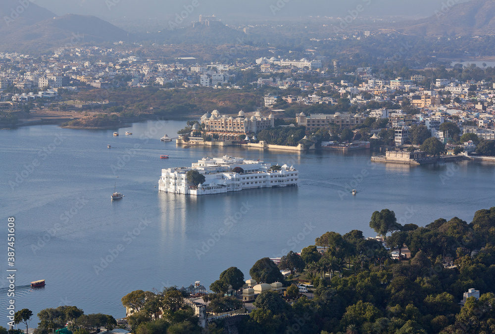 Panoramic aerial view of Udaipur, Water Palace and Pichola lake in Rajasthan, India
