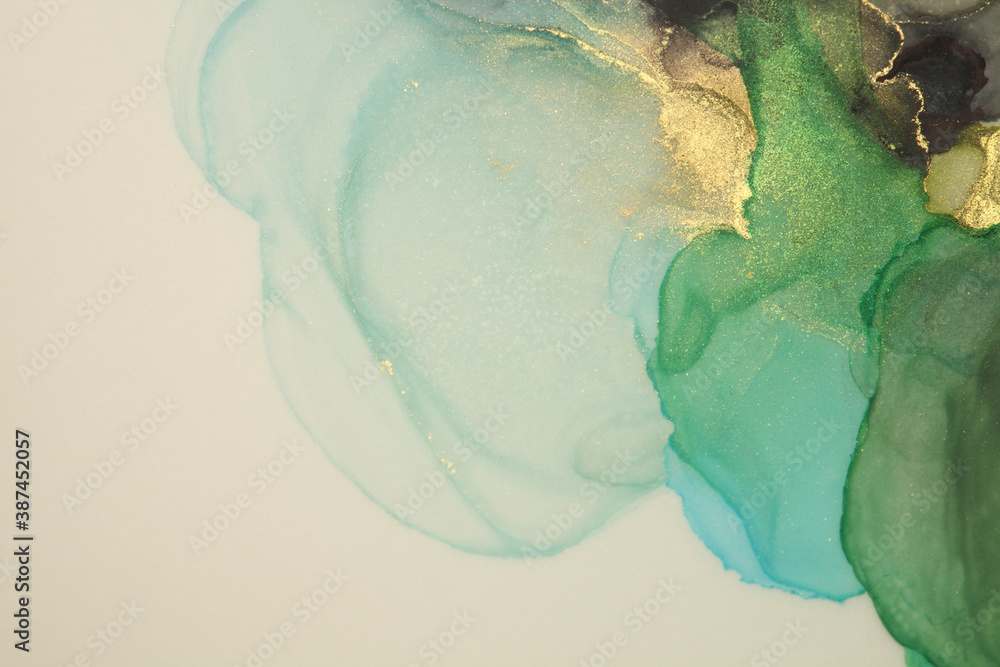 Fototapeta premium Art Abstract watercolor flow blot painting. Color canvas marble texture background. Gold Alcohol ink.