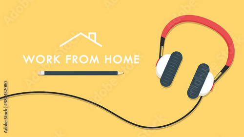 Work from home poster. Earphone cartoon vector. wallpaper. free space for text. copy space.