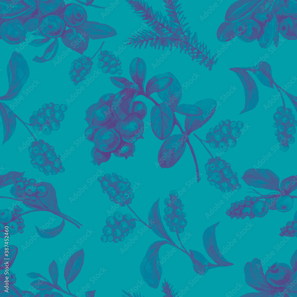 Lingonberry berries. Hand-drawn watercolor pattern. Bright beautiful print, textile, background. forest. Cotton, snowberry, spruce, pine, branches and cones. Seamless pattern Sketch, retro, vintage. F Lingonberry berries. Hand-drawn watercolor pattern. Bright beautiful print, textile, background. forest. Cotton, snowberry, spruce, pine, branches and cones. Seamless pattern Sketch, retro, vintage. F