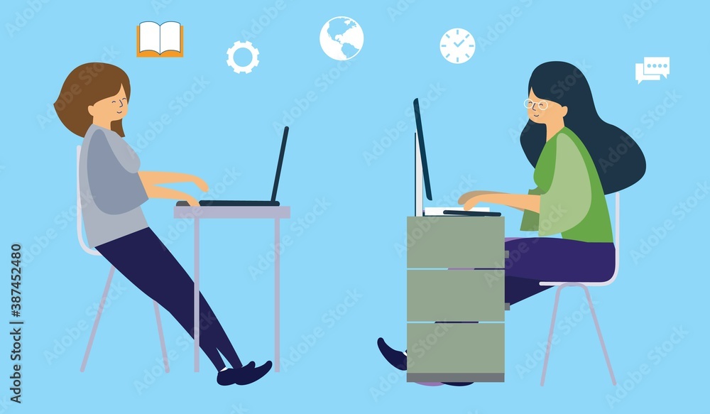 Coworking space with creative people sitting at the table. Business team working together at the big desk using laptops. Flat design style vector illustration.
Coworking space with creative people sitting at the table. Business team working together at the big desk using laptops. Flat design style vector illustration.