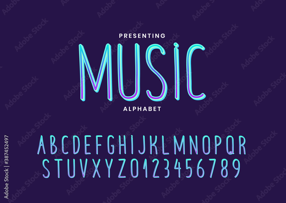 Music style gradient alphabet font template. Thin hand drawn fontface with vibrant gradient. Typography technology electronic music future creative font.
