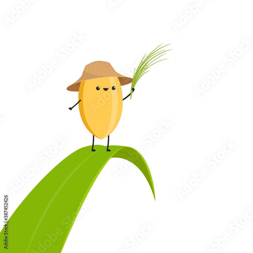 Rice character design. rice vector on white background. rice seed. rice on the leaf.