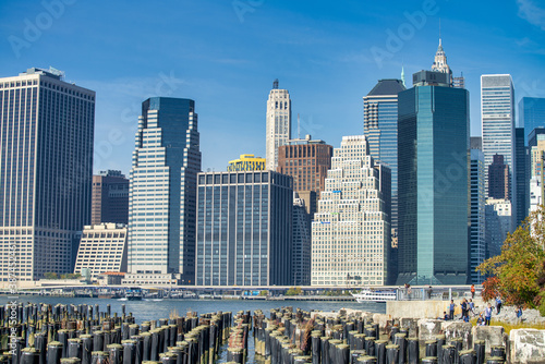 NEW YORK CITY - OCTOBER 2015  View of Downtown Manhattan Skyscrapers from Brooklyn Bridge Park on a beautiful autumn day