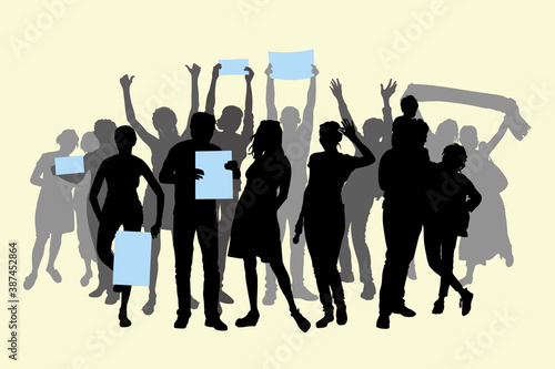 Vector silhouettes group of beautiful young people tourists, man, woman, stand in 3 rows isolated from each other, hands raised up. Girl holding poster, strike, rally team of students on the holiday