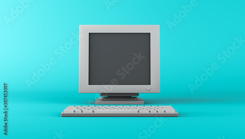 3D rendering, Realistic mock up old computer set with empty space screen monitor, vintage style or classic technology object, green color background.