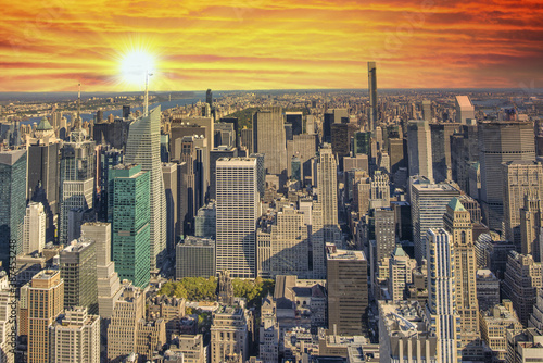 Midtown Manhattan sunset aerial skyline, New York City