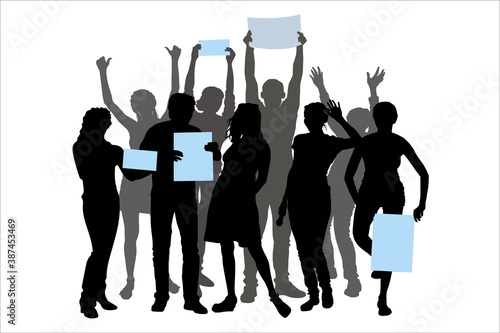 Vector silhouettes of a group of young people tourists, man and woman, stand in 2  rows isolated from each other, hands raised up. Girl holding a poster, strike, rally team of students on the holiday