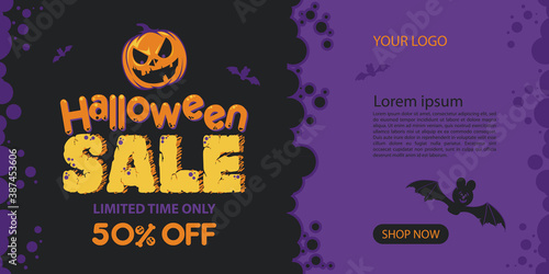 Halloween sale  up to 50  off  modern discount dark purple banner with bats and pumpkin Jack. Vector illustration for your Halloween design.