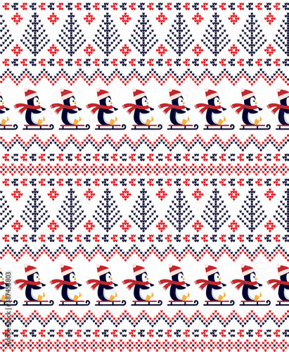 Knitted Christmas and New Year pattern the penguins. Wool Knitting Sweater Design. Wallpaper wrapping paper textile print. Eps 10