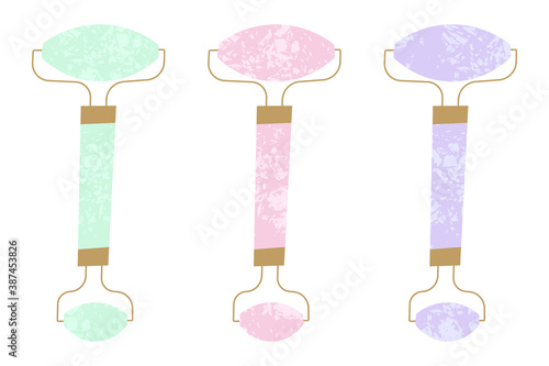 Face rollers set for facial massage. Texture of jade, rose quartz, amethyst. Guasha acupuncture treatment concept. Self care at home anti-age routine. Hand drawn flat illustration about beauty.