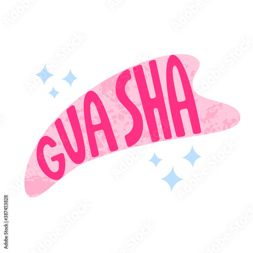 Gua sha rose quartz textured stone for facial massage. Guasha acupuncture treatment concept. Self care at home anti-age routine. Hand drawn lettering in chinese therapy crystal shape.