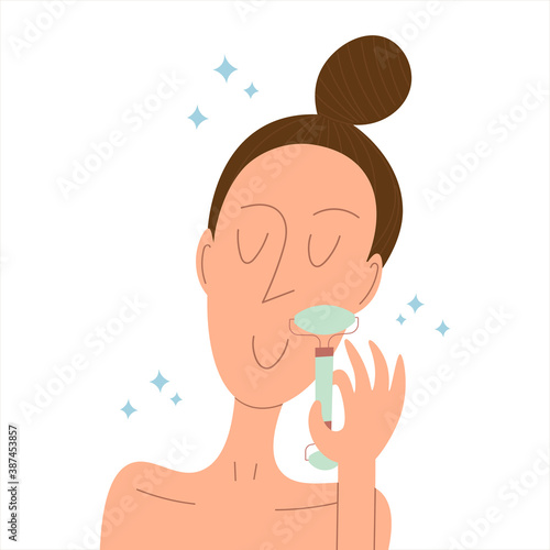 Gua sha facial massage by  face roller. Woman making guasha acupuncture treatment. Self care at home anti-age routine. Chinese therapy crystal roller. Hand drawn flat illustration about beauty.