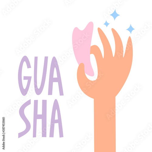 Gua sha rose quartz stone for facial massage. Guasha acupuncture treatment concept. Self care at home anti-age routine. Chinese therapy crystal in hand. Hand drawn flat illustration about beauty.