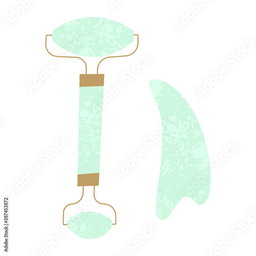 Face roller and gua sha jade textured stone for facial massage. Guasha acupuncture treatment concept. Self care at home anti-age routine. Hand drawn flat illustration about beauty.