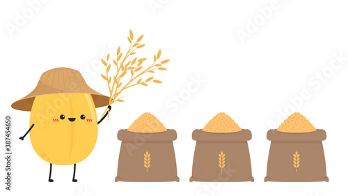 Rice character. rice vector on white background. rice seed. Rice sack vector. Peasant hat vector.