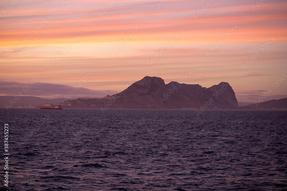 View from the ship to Gibraltar, sunset in Gibraltar.