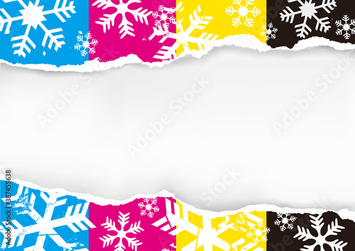 

Ripped paper with print colors and snowflakes.
Grunge stylized snowflakes background with cmyk colors. Place for your text or image. Vector available
