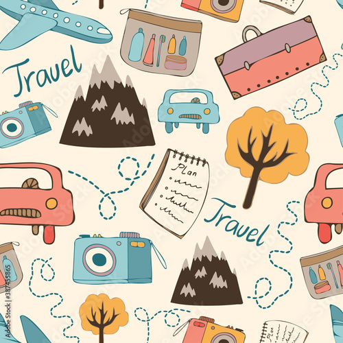 Seamless vector pattern vintage travelling design with camera, airplane, notebook, car
