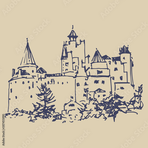  View of a medieval Bran castle in Romania. (Dracula's Castle of Vlad the Impaler). Hand drawn linear ink sketch. photo