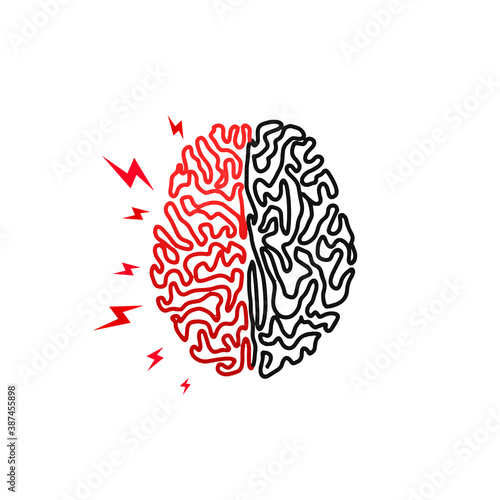 Mind headache. Human brain with zippers. Headache, stress, insanity. Human brain logo icon in line style on white background