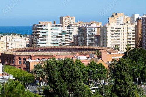 Panoramic view from the mountain to the bullring in Malaga, against the backdrop of the Mediterranean Sea