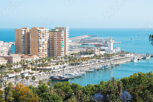 Panoramic view from the mountain to the big cruise port, yacht marinas, against the backdrop of the Mediterranean sea © Alona