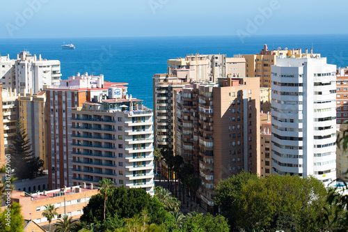 View from a multi-storey building to the sea and the city of Malaga, Spain. © Alona