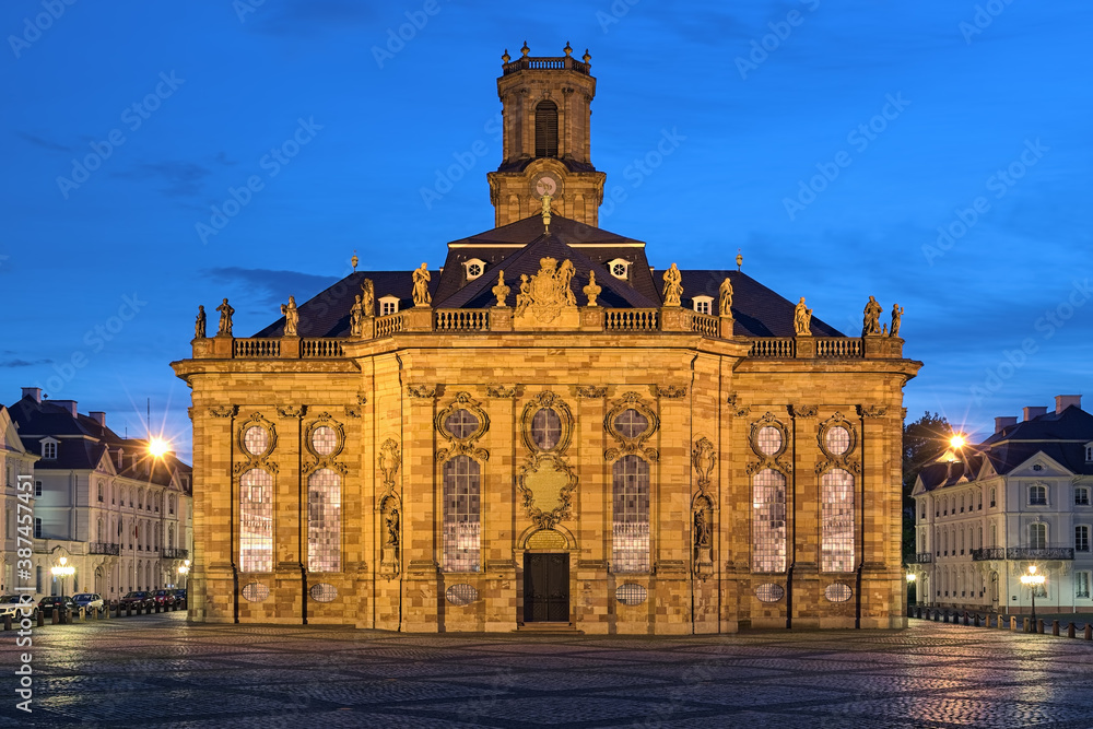 Ludwigskirche in Saarbrucken in twilight, Germany. The Lutheran baroque-style church was built in 1762-1775. It was named after Louis (Ludwig), Prince of Nassau-Saarbrucken.