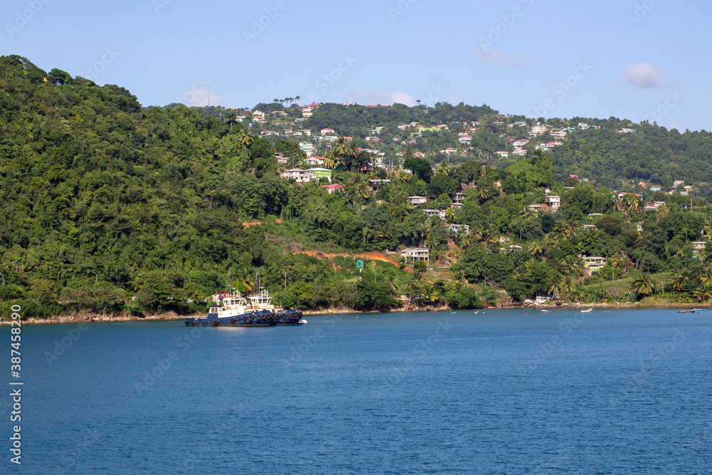 Panoramic view of Saint Lucia in the Caribbean, beautiful view of the mountains, blue water and blue sky.