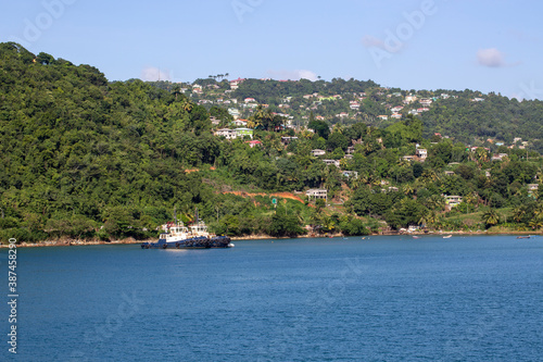 Panoramic view of Saint Lucia in the Caribbean, beautiful view of the mountains, blue water and blue sky. © Alona