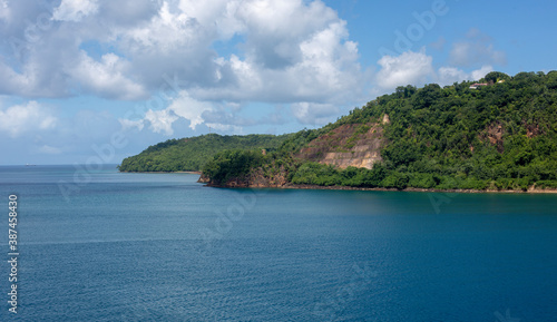Panoramic view of Saint Lucia in the Caribbean  beautiful view of the mountains  blue water and blue sky.
