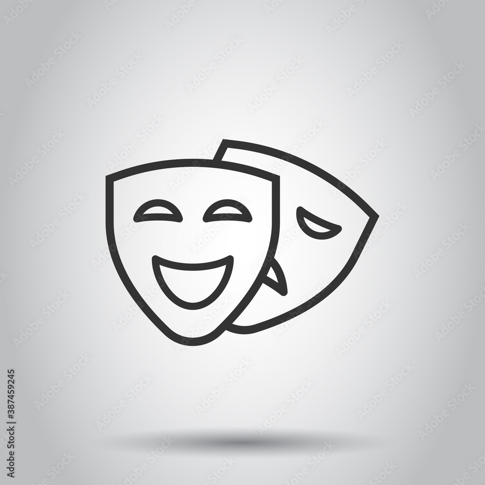 Theater mask icon in flat style. Comedy and tragedy vector illustration on white isolated background. Smile face business concept. Theater mask icon in flat style. Comedy and tragedy vector illustration on white isolated background. Smile face business concept.