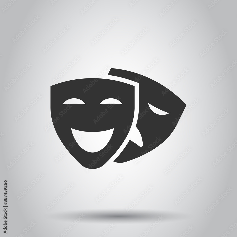 Theater mask icon in flat style. Comedy and tragedy vector illustration on white isolated background. Smile face business concept.