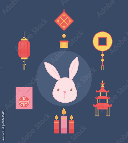 oriental element decoration bunny face lanterns candles and pagoda icons set color design