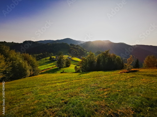 Fototapeta Naklejka Na Ścianę i Meble -  Mountain valley at sunrise. Beskidy Poland