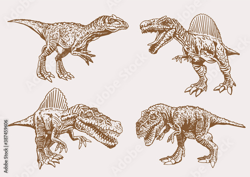 Vector set of dinosaurs , vintage colletion, sepia illustration