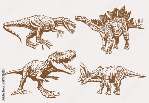 Vector set of dinosaurs   vintage colletion  sepia illustration
