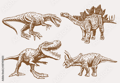 Vector set of dinosaurs , vintage colletion, sepia illustration