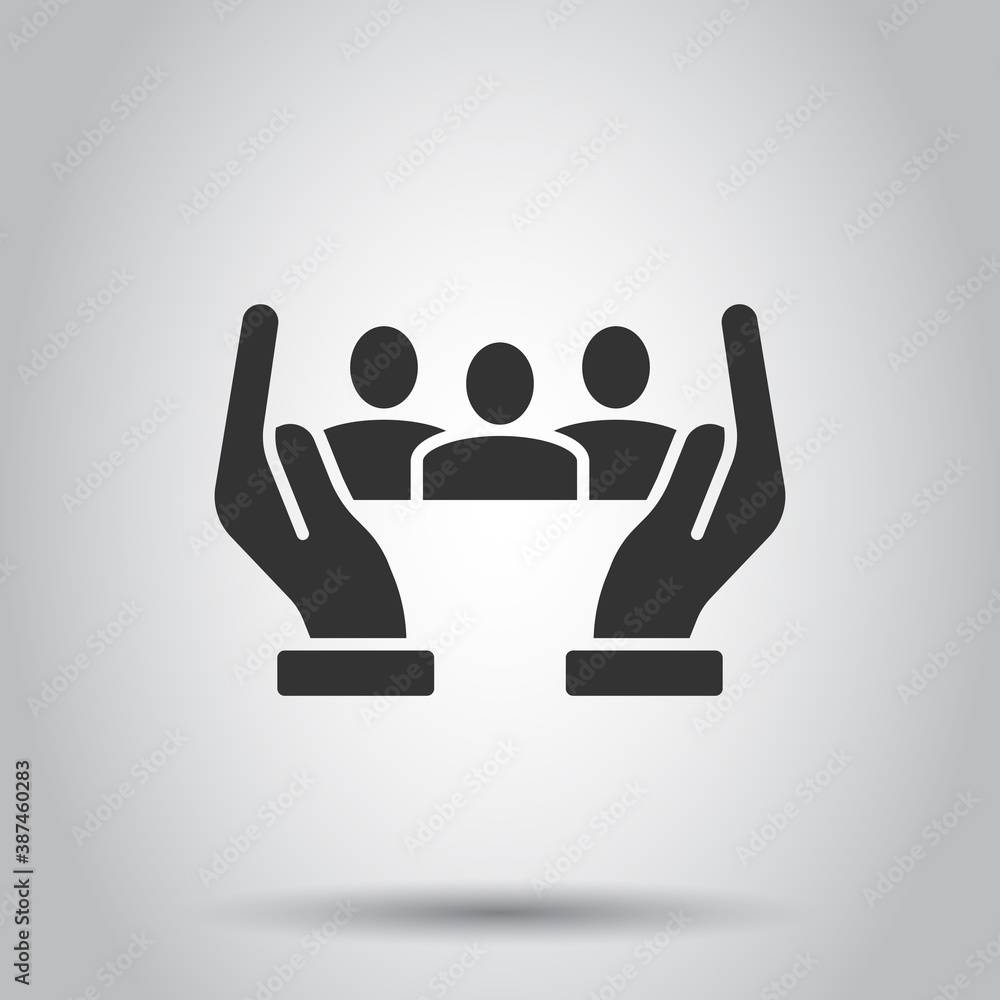 People and hand icon in flat style. Protect life vector illustration on white isolated background. Help business concept. People and hand icon in flat style. Protect life vector illustration on white isolated background. Help business concept.