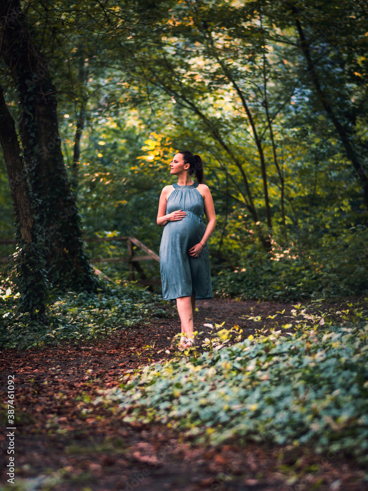 Pregnant woman in a dress walking through the forest.
Portrait of a young, pregnant woman.
