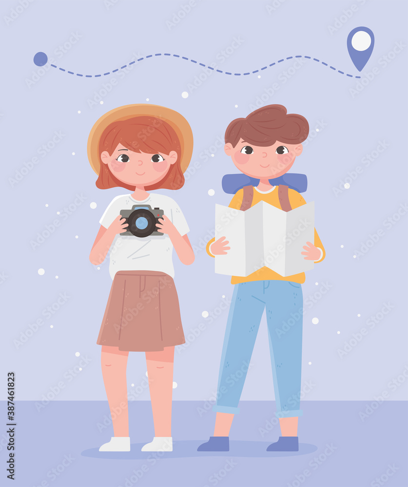 people traveling, man and woman cartoon with map location and camera people traveling, man and woman cartoon with map location and camera
