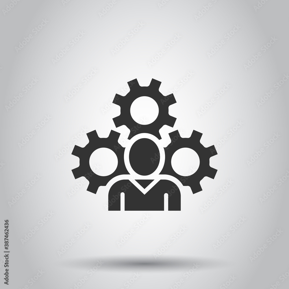 People with gear icon in flat style. Person cogwheel vector illustration on white isolated background. Teamwork business concept. People with gear icon in flat style. Person cogwheel vector illustration on white isolated background. Teamwork business concept.