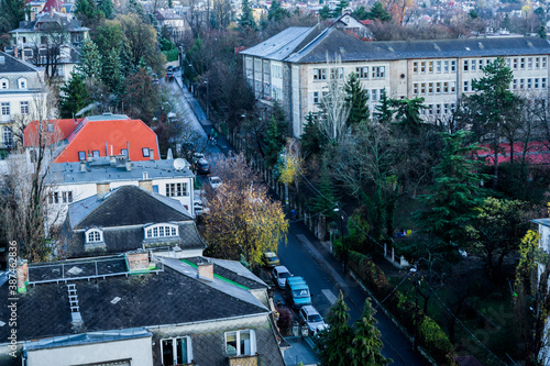 Aerial view of the buildings and the Lorantffy Zsuzsanna street, Budapest, Hungary. photo