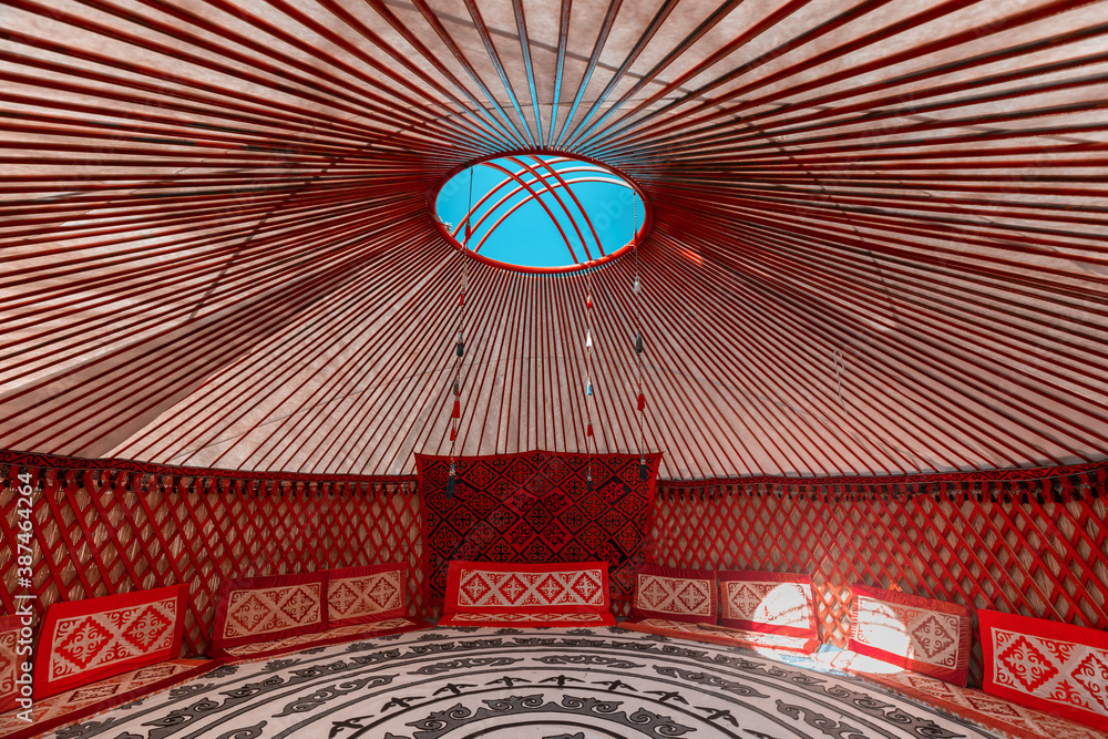 Interior of a Yurt. It is a portable tent house in the culture of Central Asian nomadic peoples. Ethnic and folk patterns for home decoration